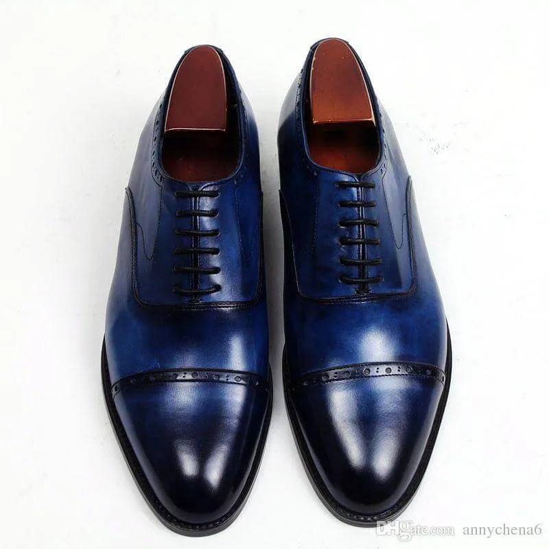 Handmade Men’s Navy Color Leather Shoes, Men Cap Toe Dress Formal Lace Up Shoes