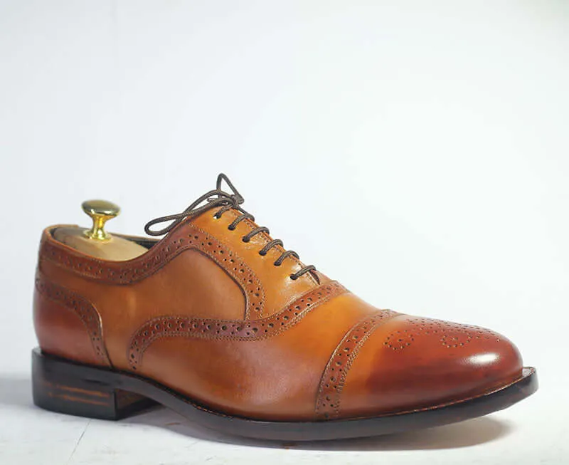 Handmade Men's Tan Cap Toe Brogue Leather Lace Up Shoes, Men Designer Dress Formal Luxury Shoes