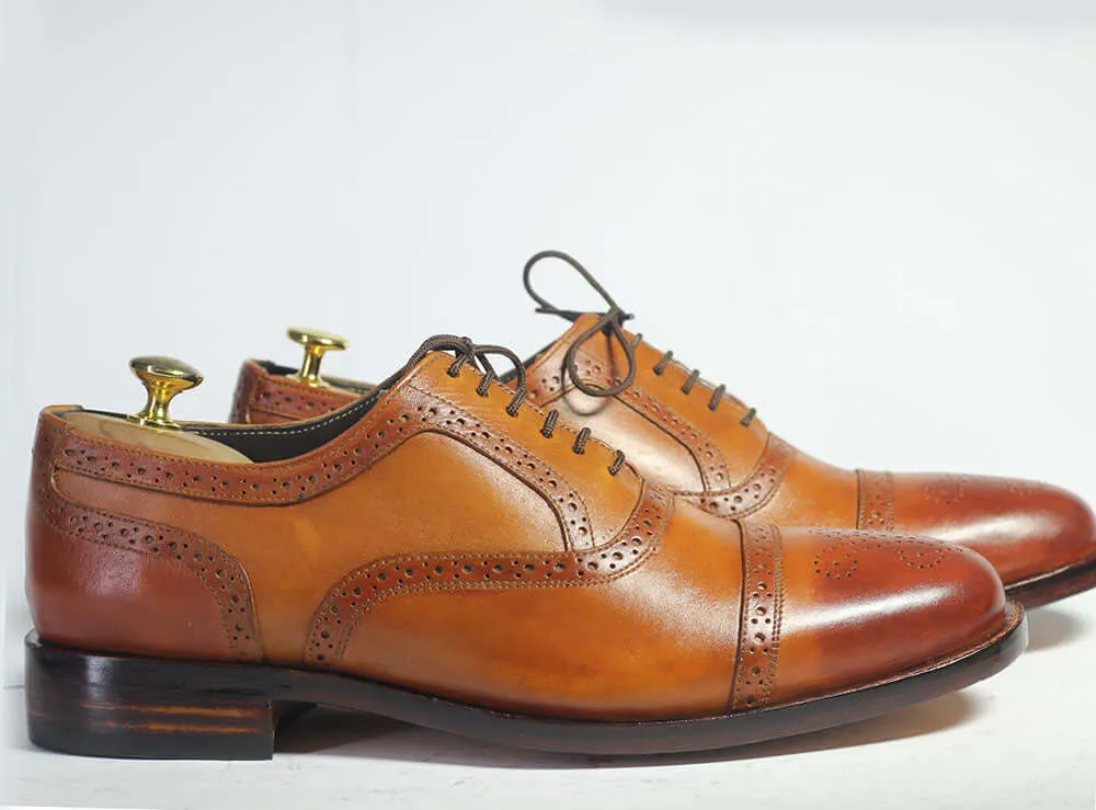 Handmade Men's Tan Cap Toe Brogue Leather Lace Up Shoes, Men Designer Dress Formal Luxury Shoes