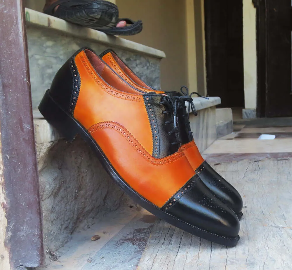 Handmade Men's Two Tone Black Brown Cap Toe Brogue Leather Lace Up Shoes, Men Designer Dress Formal Luxury Shoes