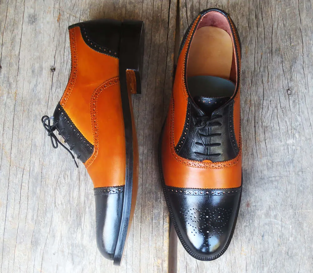 Handmade Men's Two Tone Black Brown Cap Toe Brogue Leather Lace Up Shoes, Men Designer Dress Formal Luxury Shoes