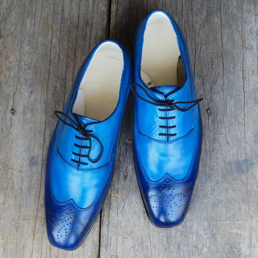 Handmade Men's Two Tone Blue Wing Tip Brogue Leather Lace Up Shoes, Men Designer Dress Formal Luxury Shoes