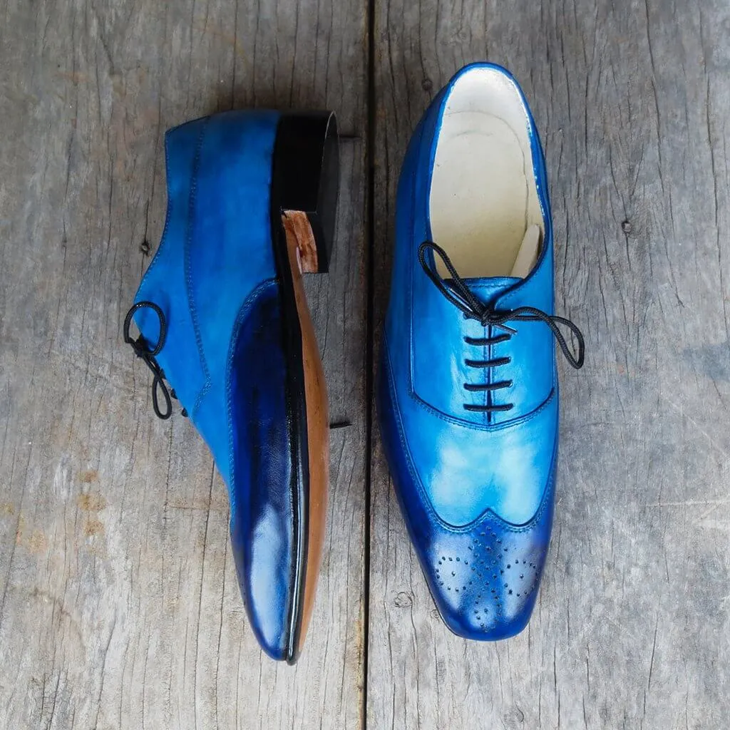 Handmade Men's Two Tone Blue Wing Tip Brogue Leather Lace Up Shoes, Men Designer Dress Formal Luxury Shoes
