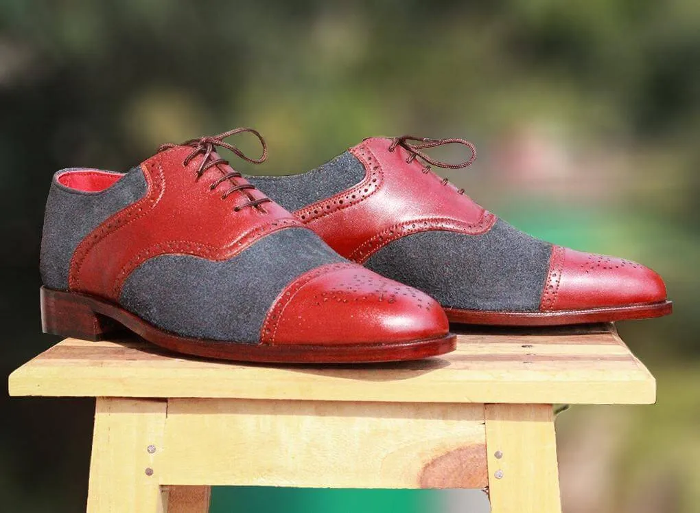 Handmade Men's Two Tone Burgundy Navy Blue Cap Toe Brogue Leather Suede Lace Up Shoes, Men Designer Dress Formal Luxury Shoes