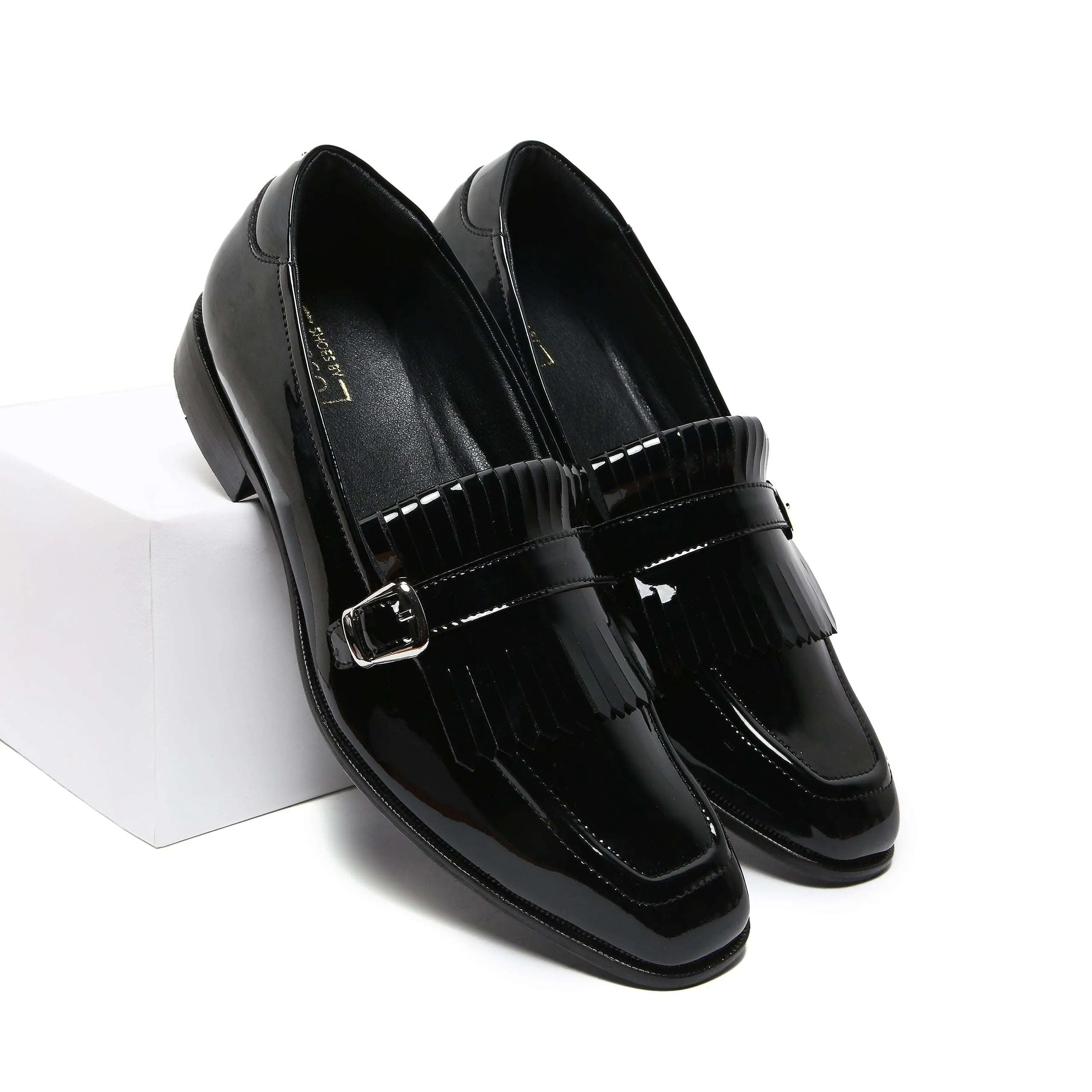 LOCATELLI | BLACK PATENT FRINGE SLIP-ON
