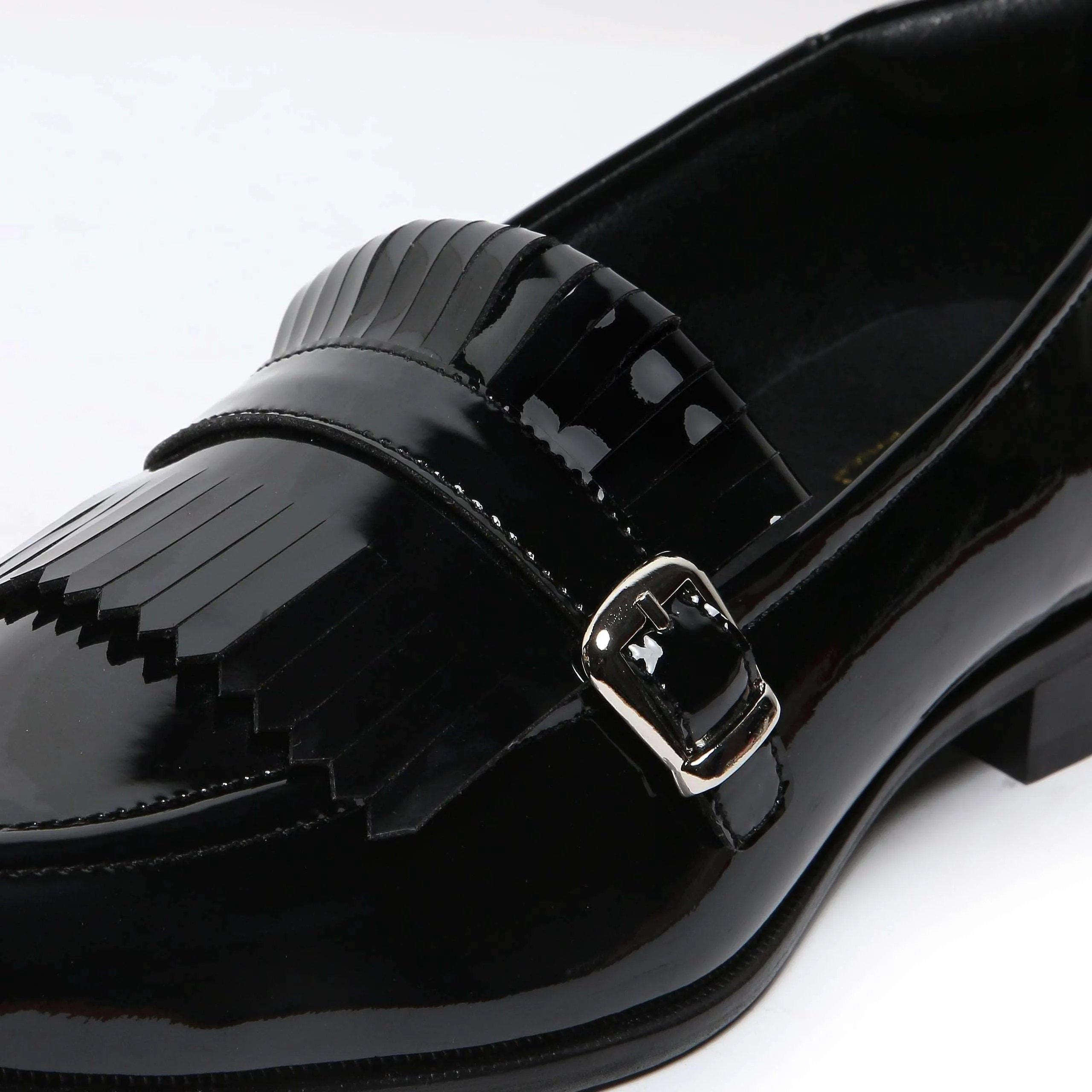 LOCATELLI | BLACK PATENT FRINGE SLIP-ON