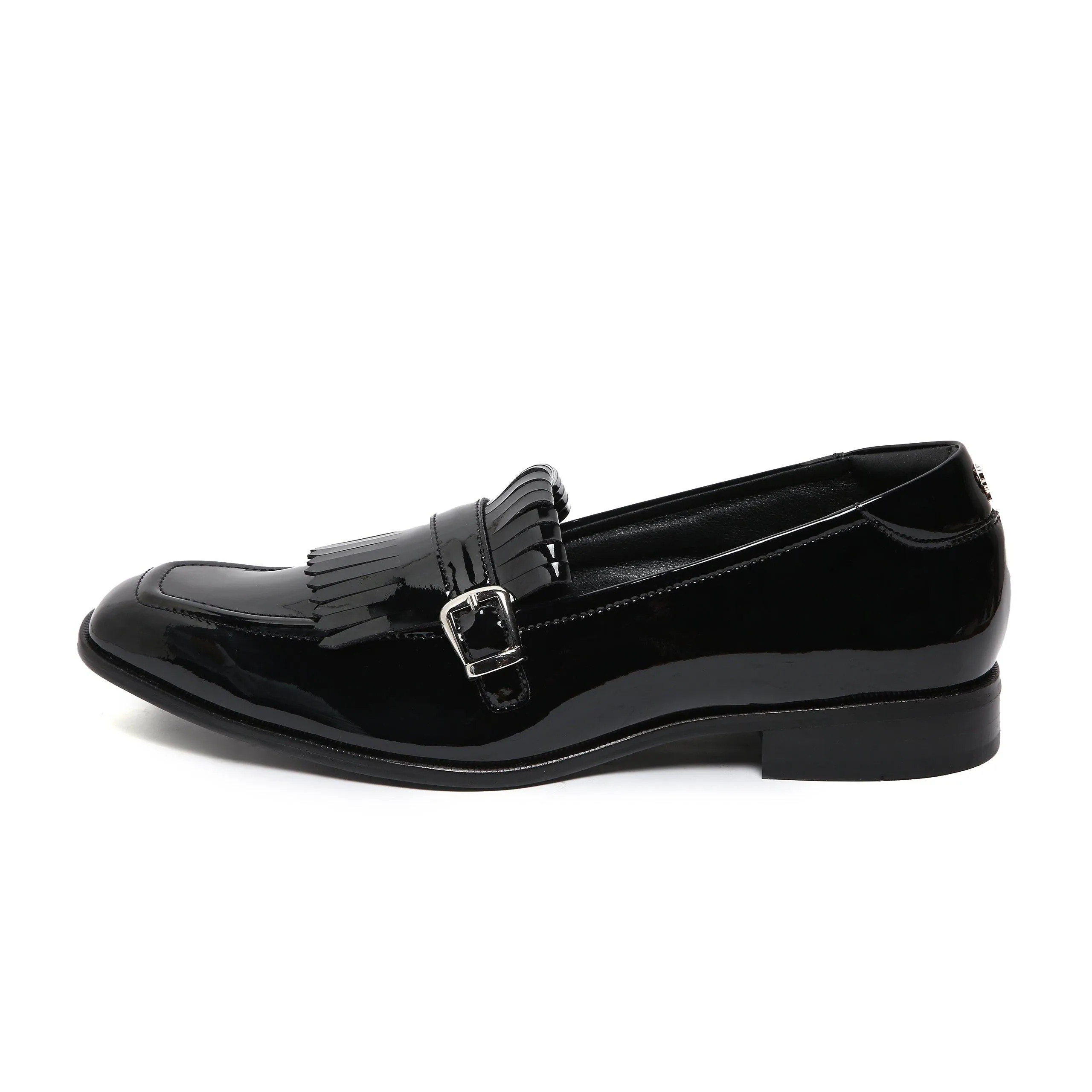 LOCATELLI | BLACK PATENT FRINGE SLIP-ON