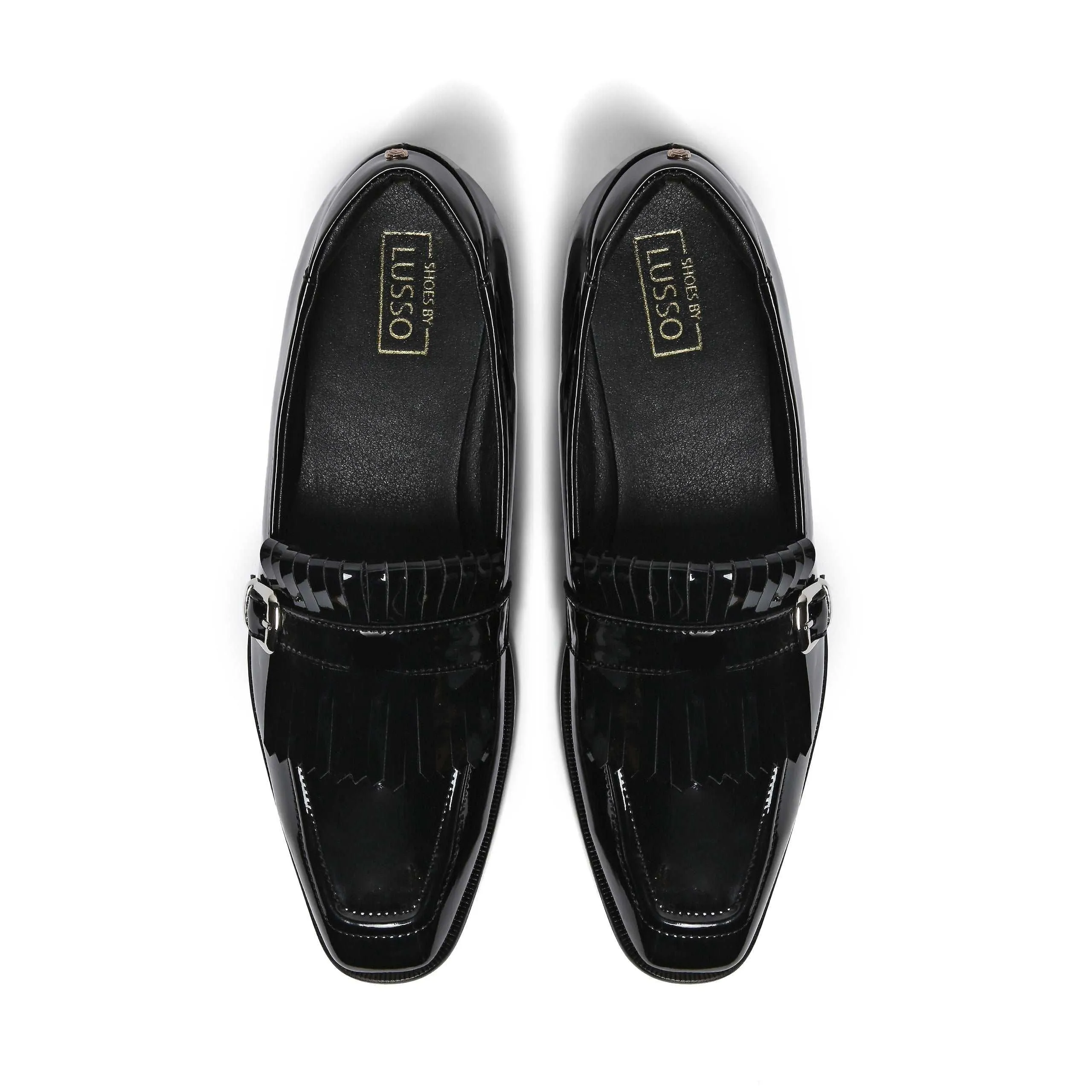 LOCATELLI | BLACK PATENT FRINGE SLIP-ON