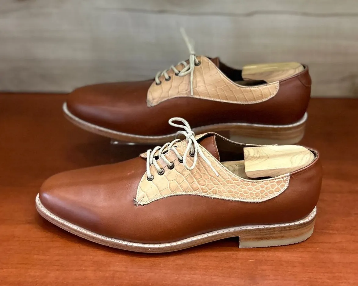 Pedro chestnut & biege Crocodile print leather Derby Mens Shoes