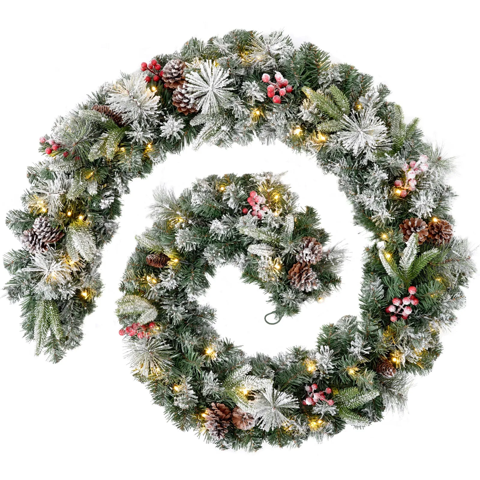 Pre-Lit Extra Thick Mixed Pine Snow Flocked Garland, Pinecones & Berries, Static, 9 ft