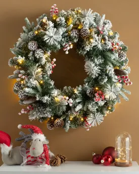 Pre-Lit Extra Thick Mixed Pine Snow Flocked Wreath, Pinecones & Berries, 76 cm