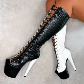 SNAPPED Black/White - Knee Boot Open Toe - 8INCH