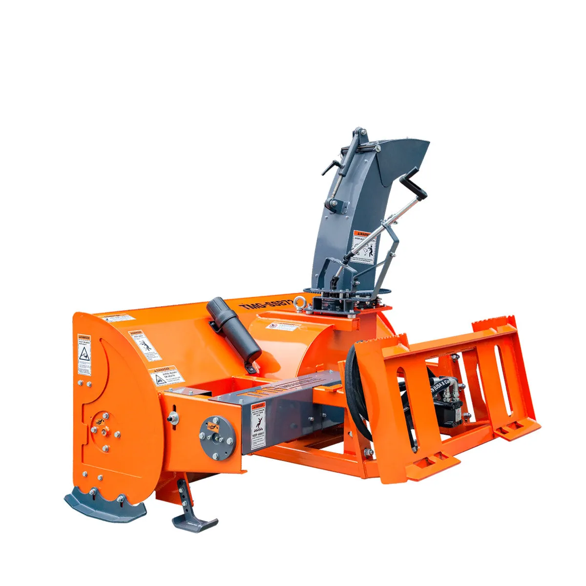 TMG Industrial 72” Skid Steer Snow Blower, 45-75 HP Loader Required, 24” Diameter Impeller, 360° Motor Driven Snow Chute, TMG-SSB72