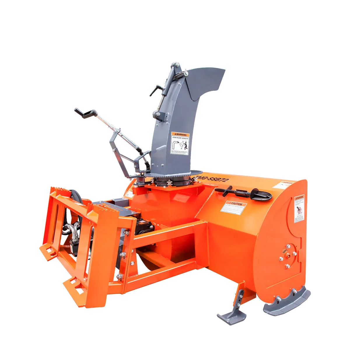 TMG Industrial 72” Skid Steer Snow Blower, 45-75 HP Loader Required, 24” Diameter Impeller, 360° Motor Driven Snow Chute, TMG-SSB72