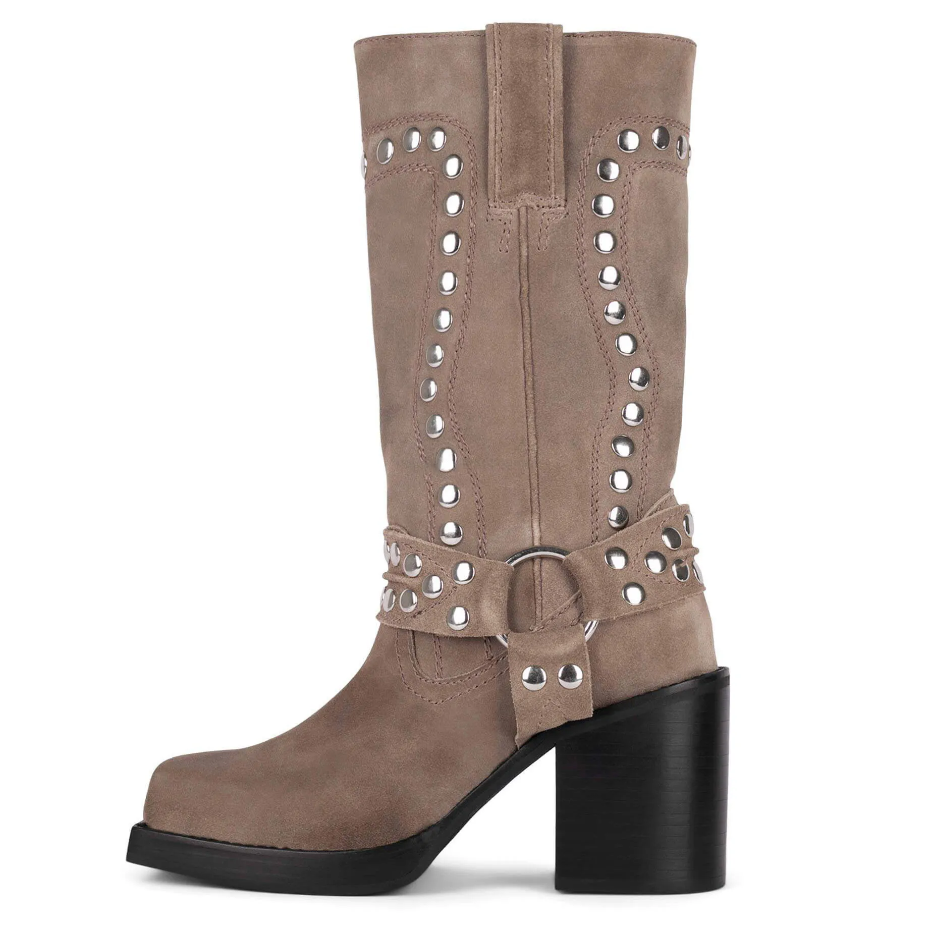VCSHOES Suede Knee High Boots Square Toe Wedge Boots Buckle Strap Rivet Ankle Boots For Women