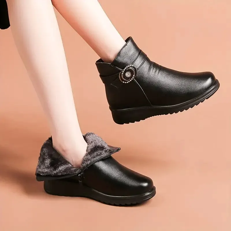 Women's, One-colour, Winter, Leather Platform Boots With Snow