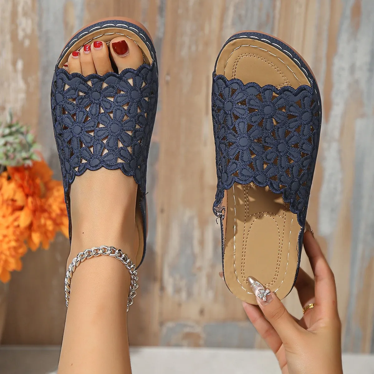 Womens Slide Sandals  Floral Cut-Out Strap  Low Heel  Open Toe Slip-On Fit