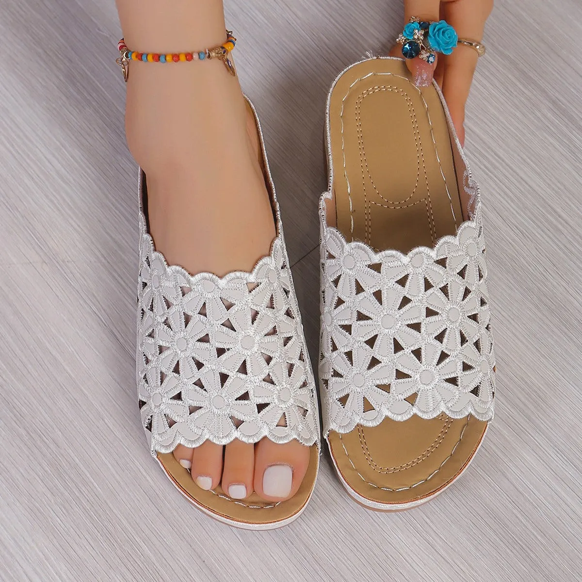 Womens Slide Sandals  Floral Cut-Out Strap  Low Heel  Open Toe Slip-On Fit